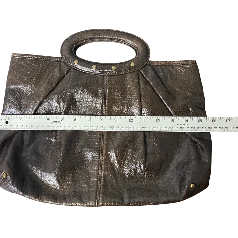 Ann Taylor Loft Faux Croc Embossed Tote Bag‎ Brown Rounded Handle Stud Accents